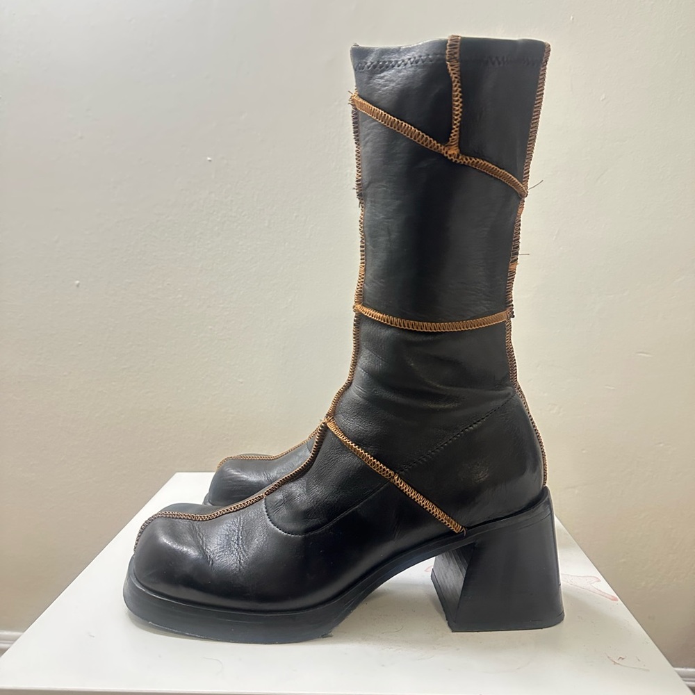 Miista Black Leather Heeled Boots with Brown Trim